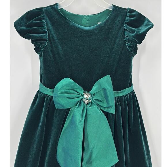 Rare Editions green velvet satin tie front bow dress size 6 holiday formal - Picture 3 of 8